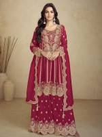 Deep Pink Real Chinon Party Wear Sharara Suit